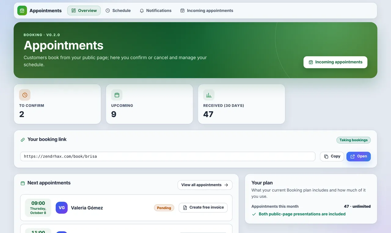 Booking screen with sample data