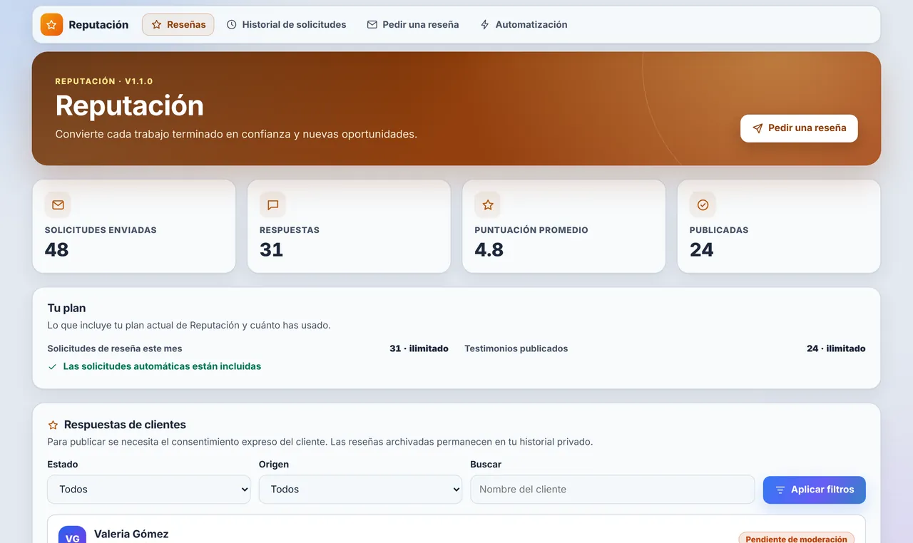 Pantalla de Reputación con datos de ejemplo