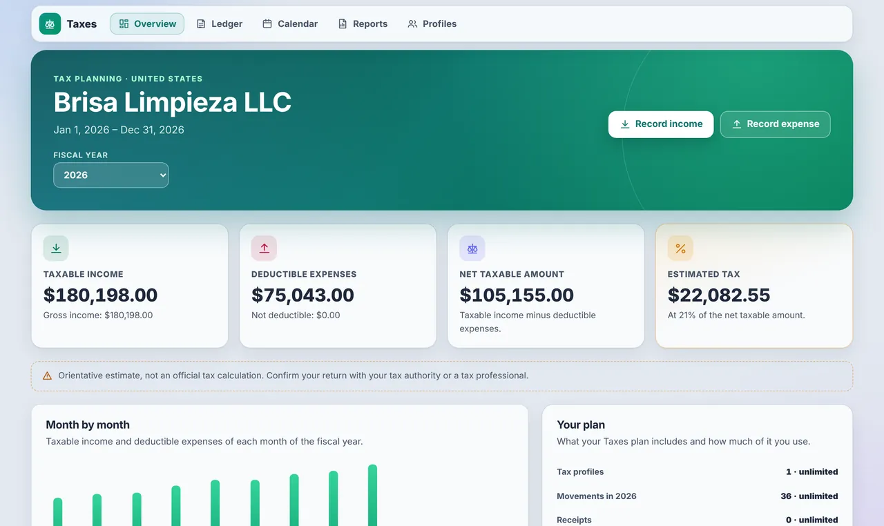Taxes screen with sample data